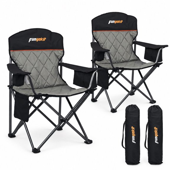 Oversized Padded Camping Chair with Lumbar Support and Cooler Bag, 350 lb Capacity, Black Stainless Steel, for Outdoor Camping and Tailgating