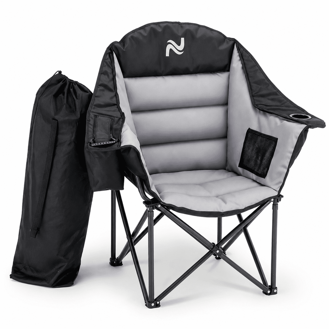 Oversized Padded Camping Chairs, Outdoor Heavy Duty Camping Chair for Adults, Folding Camping Chair with Cooler Bag and Cup Holder, Portable Folding Backpack Camping Chair with Carrying Bag - Black