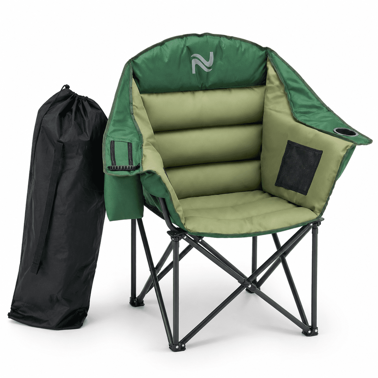 Oversized Padded Camping Chairs, Outdoor Heavy Duty Camping Chair for Adults, Folding Camping Chair with Ice Bag and Cup Holder, Portable Folding Backpack Camping Chair with Carrying Bag - Green