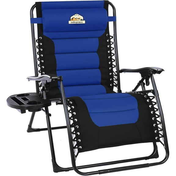 Oversized Padded Lounge Chair, Foldable Patio Anti Gravity Reclining Chairs Folding Lawn Recliner with Cup Holder for Yard, Camping, Outdoor, Support 350 LBS, Blue