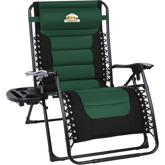 Oversized Padded Zero Gravity Lounge Chair, Foldable Patio Anti Gravity Reclining Chairs Folding Lawn Recliner with Cup Holder for Yard, Camping, Outdoor, Support 350 LBS, Green