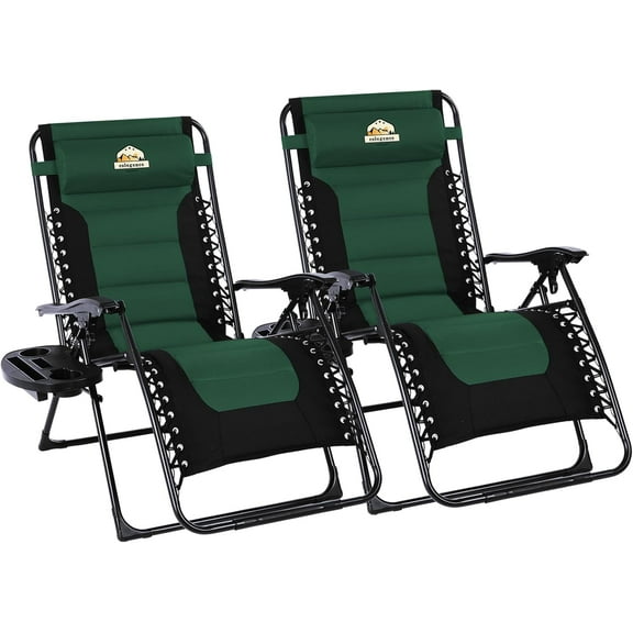 Oversized Padded Lounge Chair Set of 2, Foldable Patio Anti Gravity Reclining Chairs Folding Lawn Recliner with Cup Holder for Yard, Camping, Outdoor, Support 350 LBS, Green