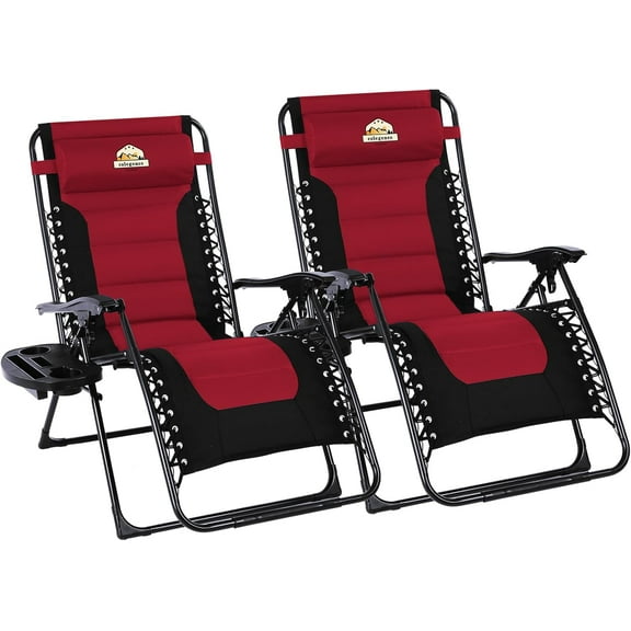 Oversized Padded  Lounge Chair Set of 2, Foldable Patio Anti Gravity Reclining Chairs Folding Lawn Recliner with Cup Holder for Yard, Camping, Outdoor, Support 350 LBS, Burgundy