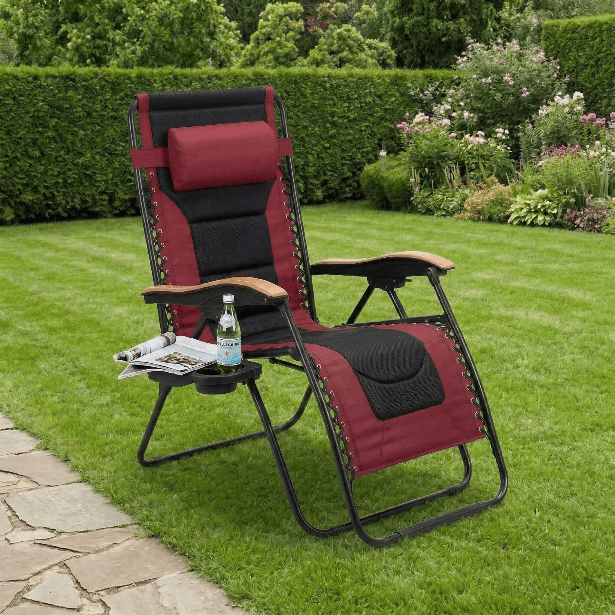 Oversized Padded Zero Gravity Chair, 30" Wide Seat 400 LBS Capacity Foldable Patio Recliner, Anti‑Gravity Lounger with Wooden Armrests & Detachable Cup Holder Tray