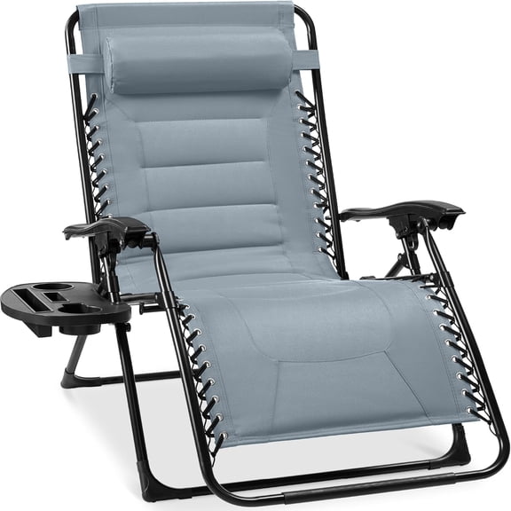 Oversized Padded Zero Gravity Chair, Folding Outdoor Patio Recliner, XL Anti Gravity Lounger for Backyard w/Headrest, Cup Holder, Side Tray, Polyester Mesh - Breeze Blue