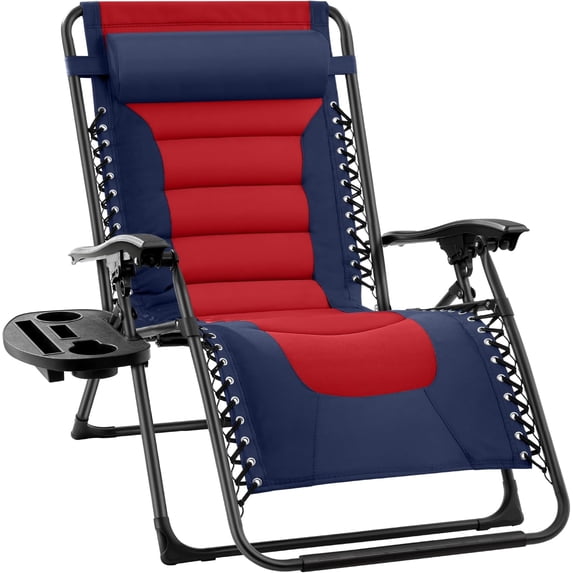 Oversized Padded Zero Gravity Chair, Folding Outdoor Patio Recliner, XL Anti Gravity Lounger for Backyard w/Headrest, Cup Holder, Side Tray, Polyester Mesh - Navy/Red