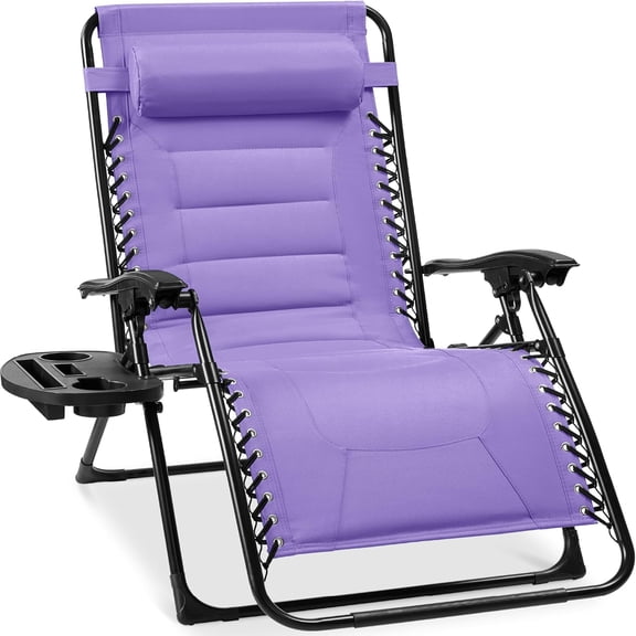 Oversized Padded Zero Gravity Chair, Folding Outdoor Patio Recliner, XL Anti Gravity Lounger for Backyard w/Headrest, Cup Holder, Side Tray, Polyester Mesh - Violet