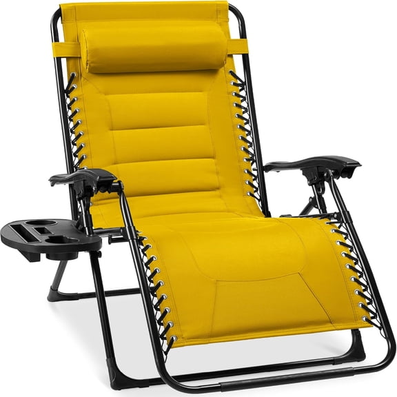 Oversized Padded Zero Gravity Chair, Folding Outdoor Patio Recliner, XL Anti Gravity Lounger for Backyard w/Headrest, Cup Holder, Side Tray, Polyester Mesh - Yellow