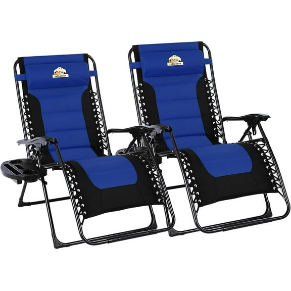 Oversized Padded Zero Gravity Lounge Chair Set of 2, Foldable Patio Anti Gravity Reclining Chairs Folding Lawn Recliner with Cup Holder for Yard, Camping, Outdoor, Support 350 LBS, Blue