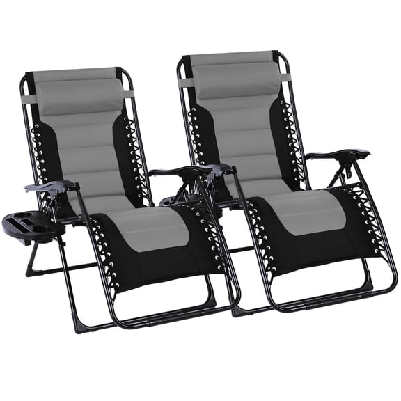Oversized Padded Zero Gravity Lounge Chair Set of 2, Foldable Patio Reclining Chairs with Cup Holder, Heavy Duty Folding Lawn Recliner Stand for Yard Camping Outdoor, Support 350 LBS