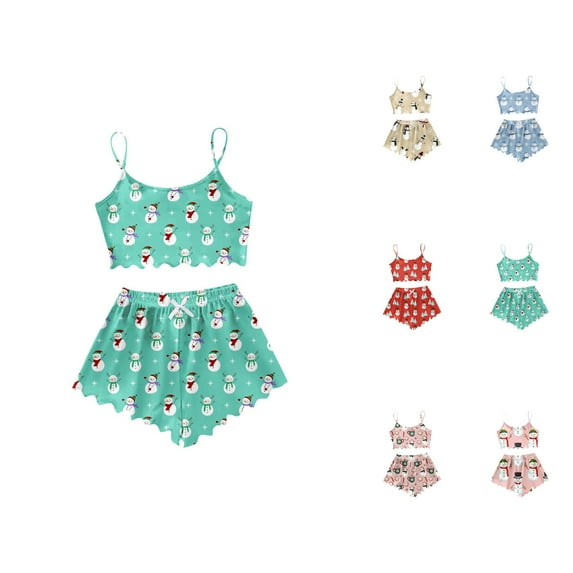 Oversized Pajamas – Comfy Summer Lounge Set Women's Snowman Print Sleeveless Vest & Shorts Set Lightweight Sleepwear Two Piece