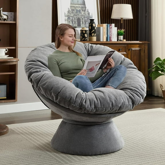 360° Swivel Papasan Chair, Chenille Upholstered Lounge Chair with Thick Cushion, Dark Grey