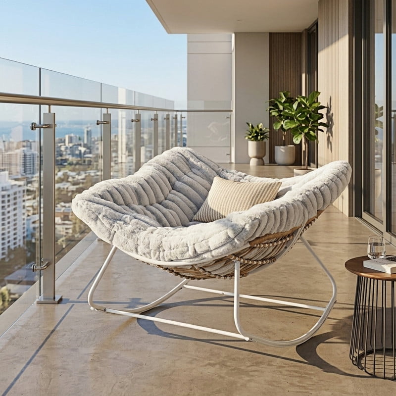 Oversized Papasan Outdoor Armless Rocking Chair, Indoor Recliner Lounge Chair with Cushion