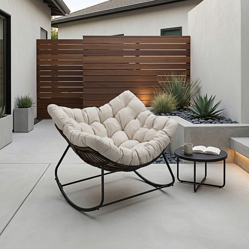 Oversized Papasan Outdoor Armless Rocking Chair, Indoor Recliner Lounge Chair with Cushion