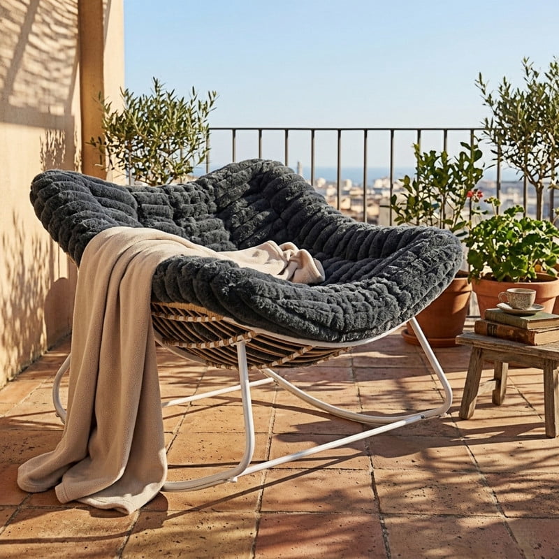 Oversized Papasan Outdoor Armless Rocking Chair, Indoor Lounge Chair with Cushion