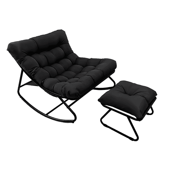 Oversized Outdoor Egg Rocking Chair, Grand Patio Papasan Rocking Chair with Thick Cushion & Ottoman Footrest, Indoor Outdoor Lounge Rocker (Black)