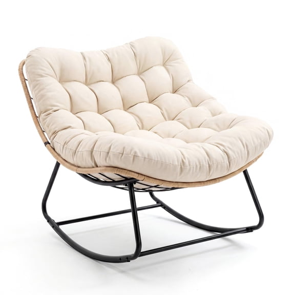 Oversized Papasan Rocking Chair 700 lbs Capacity Curved Leg Wicker Rattan Rocker with Thick Cream Cushion Indoor Outdoor Heavy Duty Glider - Beige Style 1