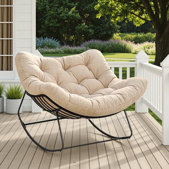 Upstreman Home Oversized Papasan Rocking Chair, Outdoor Rocking Chair Metal Frame Papasan Chair Rocker with Padded Cushion, Beige