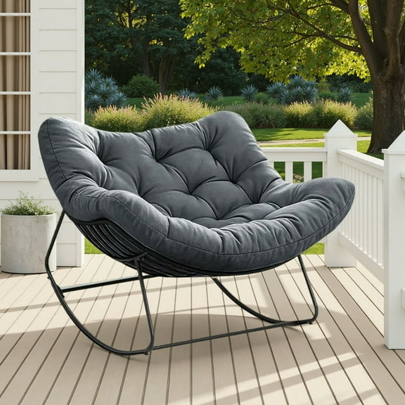 Upstreman Home Oversized Papasan Rocking Chair, Outdoor Rocking Chair Metal Frame Papasan Chair Rocker with Padded Cushion, Gray