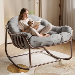 Oversized Papasan Rocking Chair for Patio – Wicker Rattan Egg Lounge Chair with Cushioned Seat, Durable Metal Frame, Perfect for Balcony, Porch, Bedroom, Lawn – Brown Powder Coating, Brown Rattan