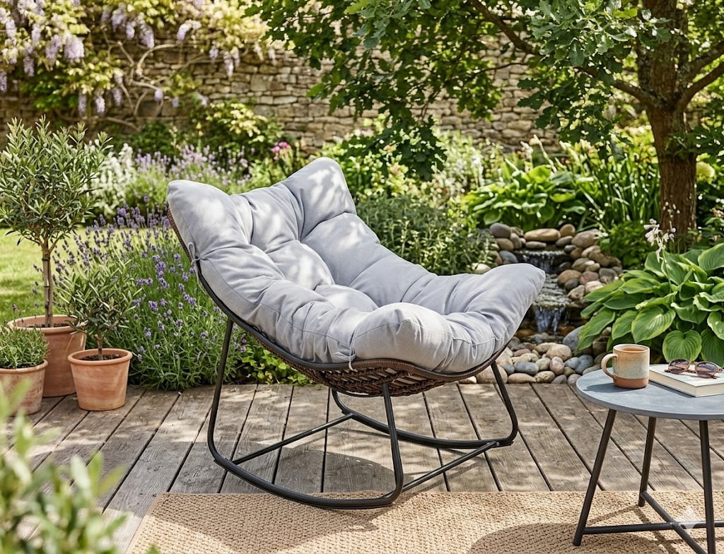 Oversized Papasan Rocking Chair with Footrest, Heavy Duty Wicker Patio Recliner Lounge Chair