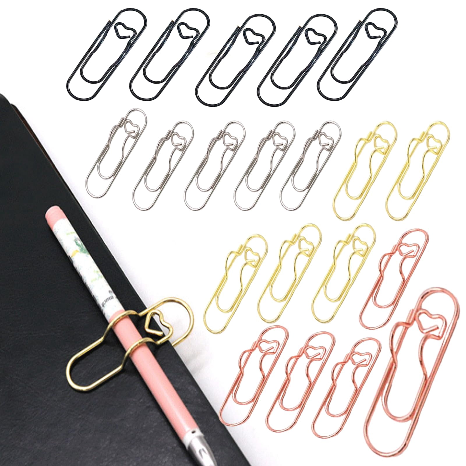 Oversized Paper Clip with Pen Holder, 4 Colors Heart Shaped Metal Pens Holders Clips, Reusable Carbon Steel Paperclip Pen Holder for Notebooks Papers Planner Jumbo Office Supplies