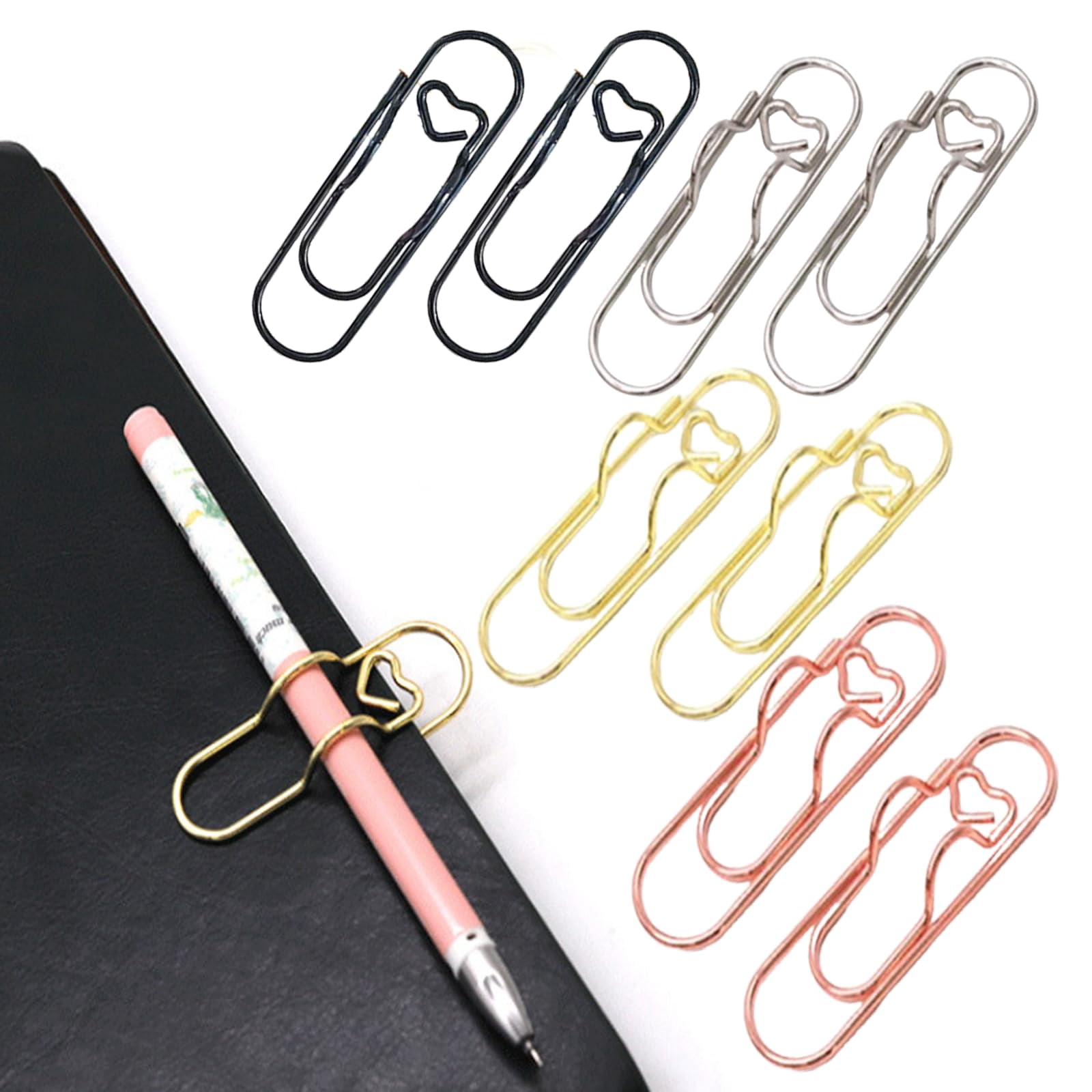 Oversized Paper Clip with Pen Holder, 4 Colors Heart Shaped Metal Pens Holders Clips, Reusable Carbon Steel Paperclip Pen Holder for Notebooks Papers Planner Jumbo Office Supplies