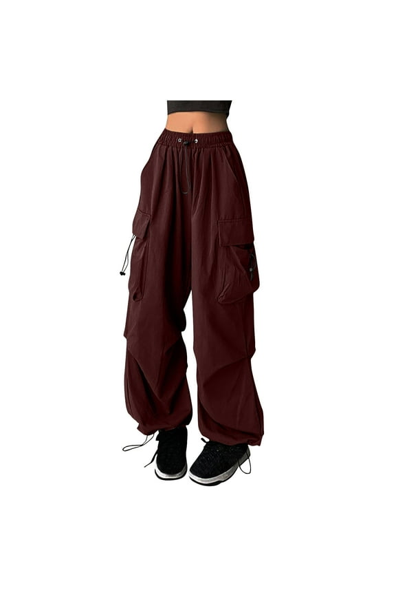 Oversized Parachute Pants for Women Girls Drawstring Elastic High Waist Ruched Cargo Pants Multi Pockets Jogger Y2K