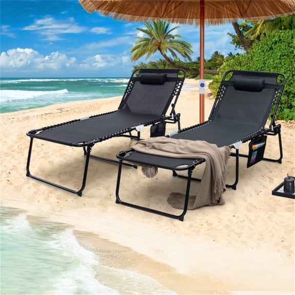 Oversized Patio Chaise Lounge (Black) 27" Wide 4-Position Adjustable Backrest Folding Tanning Chair 440 lbs Capacity