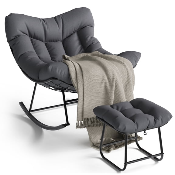 Oversized Patio Papasan Egg Rocking Chair Set with Ottoman – 5" Thick Soft Cushion – Heavy-Duty UV-Resistant PE Wicker & Sturdy Metal Frame – 350 lbs Capacity – for Balcony, Garden