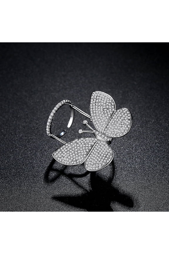 Oversized Pave CZ Butterfly Ring for Women, Two Finger Statement Ring, Rose Gold Plated Adjustable Cocktail Party Jewelry