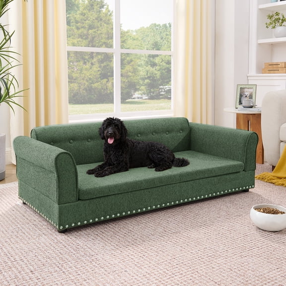 Oversized Pet Sofa ,Elegant Modern Linen Fabric Elevated Dog Sofa Bed, Comfortable Oversized Rectangular Pet Bed with Backrest & Armrest for Large & Oversized Dogs-Olive Green