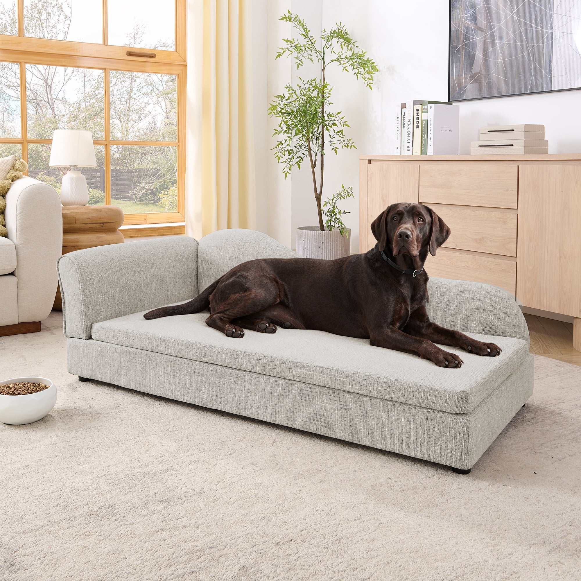 Oversized Pet Sofa for Medium/Large Dogs, Modern Irregular Wave Backrest, Single Armrest, Premium Breathable Linen Fabric, Soft Cushion & Low Plastic Feet, Beige