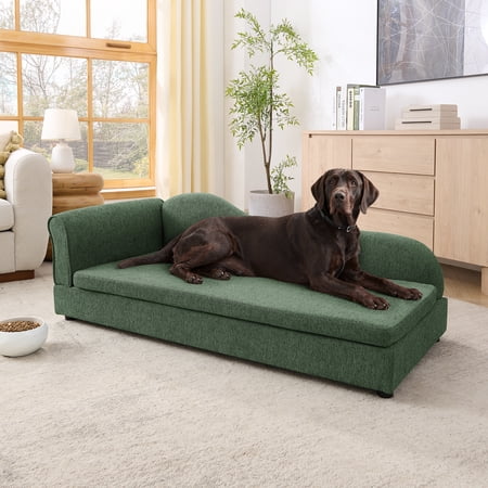 Oversized Pet Sofa for Medium Large Dogs, Modern Irregular Wave Backrest, Single Armrest, Premium Breathable Linen Fabric, Soft Cushion & Low Plastic Feet, Olive Green