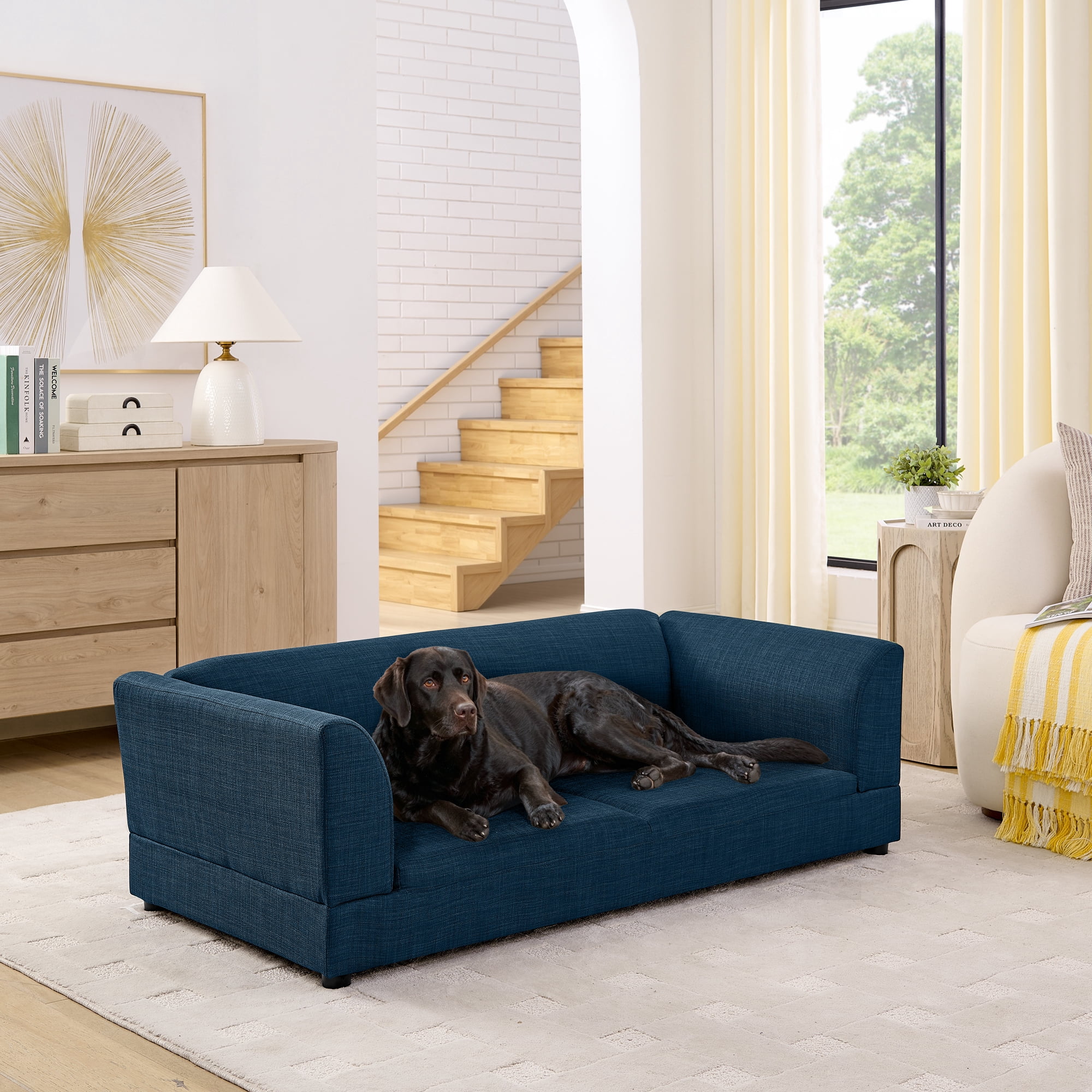 Oversized Pet Sofa for Medium/Large Dogs, Modern Rectangular Design with Backrest, Armrests & Soft Cushion, Dark Blue (56.5"*26"*17")