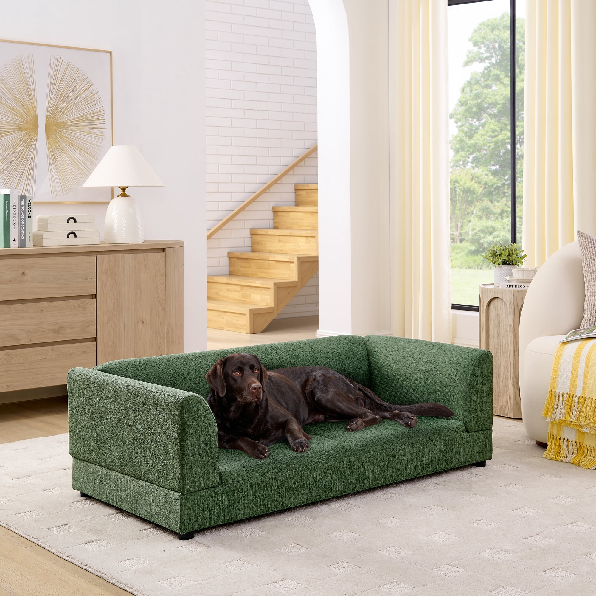 Oversized Pet Sofa for Medium/Large Dogs, Modern Rectangular Design with Backrest, Armrests & Soft Cushion, Olive Green (56.5"*26"*17")