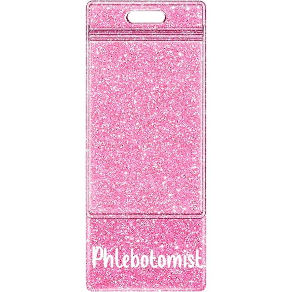 Oversized Phlebotomist Badge Buddy Card Holder - XL Phle Phlebotomy Nurse Nursing Accessories Glitter Pink Vertical ID Identification Tags for Hospital Student Medical Work