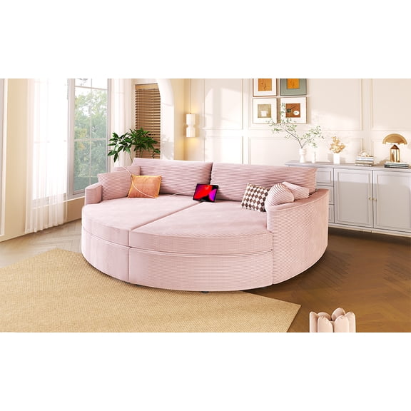Oversized Pink Corduroy Double Chaise Lounge Sofa Bed 102.3" - Deep Seat Upholstered Loveseat Couch with USB Ports for Living Room Comfort