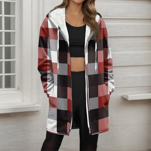 Oversized Plaid Hoodie for Women Zip up Sweatshirts Fall Winter Fashion Outfits Soft Fleece Lined Warm Jacket New Womens Long Sleeve Jackets Red S