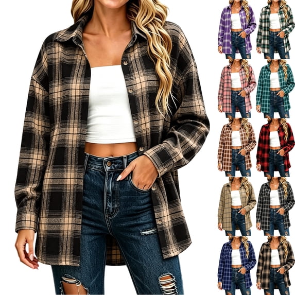 Oversized Plaid Jackets for Women Lapel Button Jacket Fall and Winter Long Sleeved Top