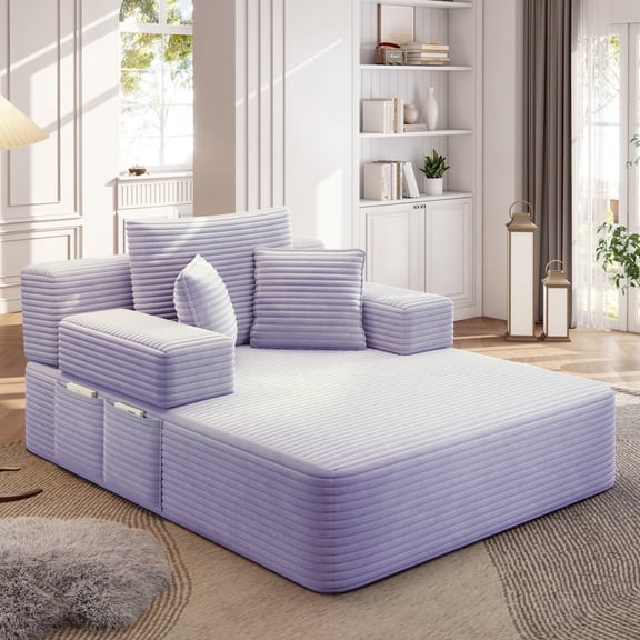 Oversized Plush Corduroy Chaise Lounge Sofa Bed, Convertible Sleeper Couch with Storage Pockets, 3 Pillows, Purple, No Assembly