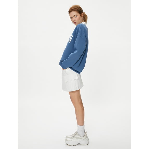 Oversized Polo Neck Sweatshirt Varsity Themed Printed Long Sleeve