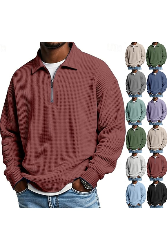 Oversized Polo Sweatshirt for Men Big and Tall Quarter Zip Pullover Waffle Knit Mock Neck Long Sleeve Casual Shirt Black S