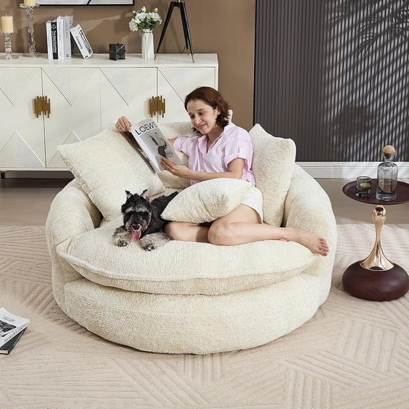 Oversized Polyester Sofa Bed, 55''L Round Chaise Lounge Chair Indoor, Fluffy Plush Chaise Lounge, Modern Velvet Sleeper Chair Couch, Comfy Boneless Couch for Living Room, Bean Bag Chairs (Beige)