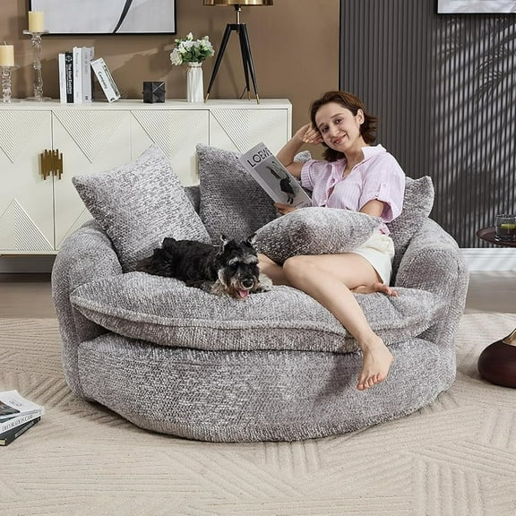 Oversized Polyester Sofa Bed, 55''L Round Chaise Lounge Chair Indoor, Fluffy Plush Chaise Lounge, Modern Velvet Sleeper Chair Couch, Comfy Boneless Couch for Living Room, Bean Bag Chairs (Light Grey)