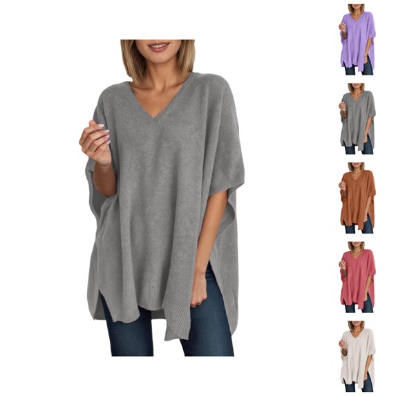 Oversized Poncho Sweater for Women Short Batwing Sleeve V Neck Side Slit High Low Knit Shawl Pullover Sweaters Ponchos Wraps