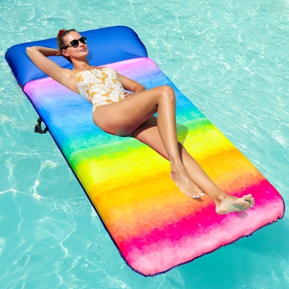 Oversized Pool Float Lounger, 72" X-Large Fabric Covered Pool Floats Adult with Headrest, Ultra Comfort Inflatable Pool Floaties Pool Raft for Swimming Floating (Rainbow)