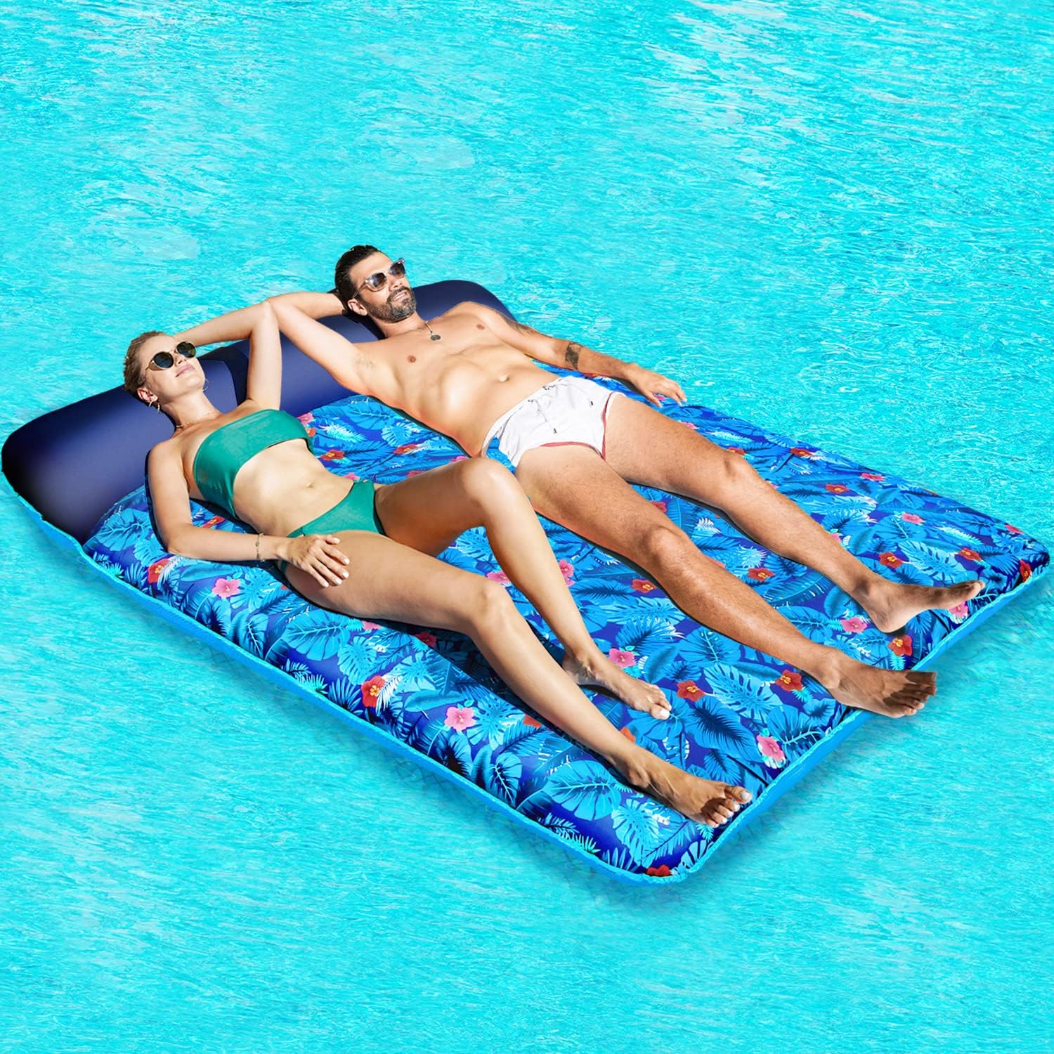 Oversized Pool Floats Raft, 1-2 Person, 72'' X 60'' Giant Fabric-Covered Pool Floats Adult Size, Inflatable Floating Mat with Headrest Ultra-Comfort Summer Pool Lounger Floatie