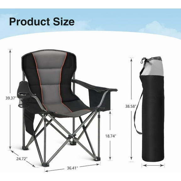 Oversized Portable Camping Folding Chair, Heavy Duty Foldable Outdoor Chair, Camp Chair with Cup Holder and Cooler Bag Support 450 , Black