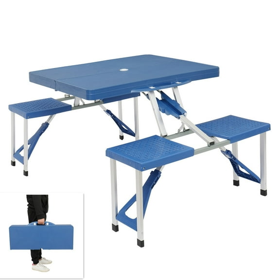 Oversized Portable Folding Table & Stool Set - Heavy Duty 53" Camping Table w/ Attached Seat, Collapsible Picnic Furniture for Tailgating (Cobalt Blue)